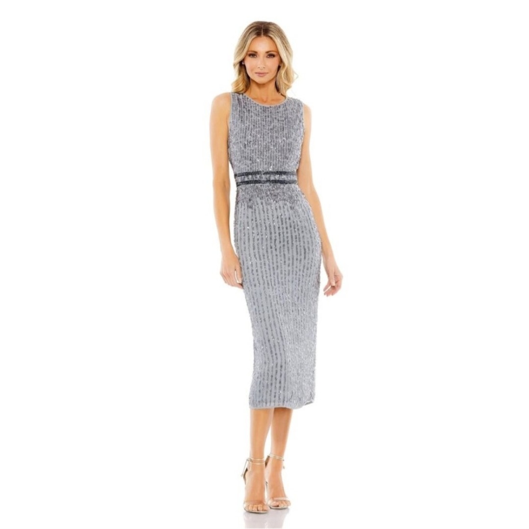 Mac Duggal 10509 Sleeveless High Neck Beaded Midi Dress Platinum Silver Size 10